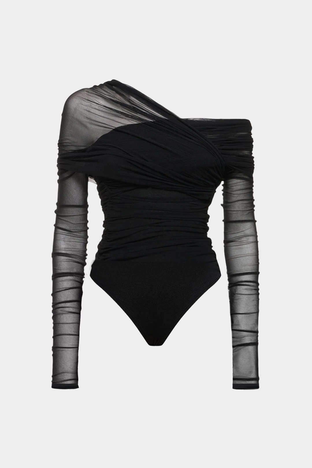 Mesh Ruched One Shoulder Asymmetrical Corssed Ruched Bodysuit