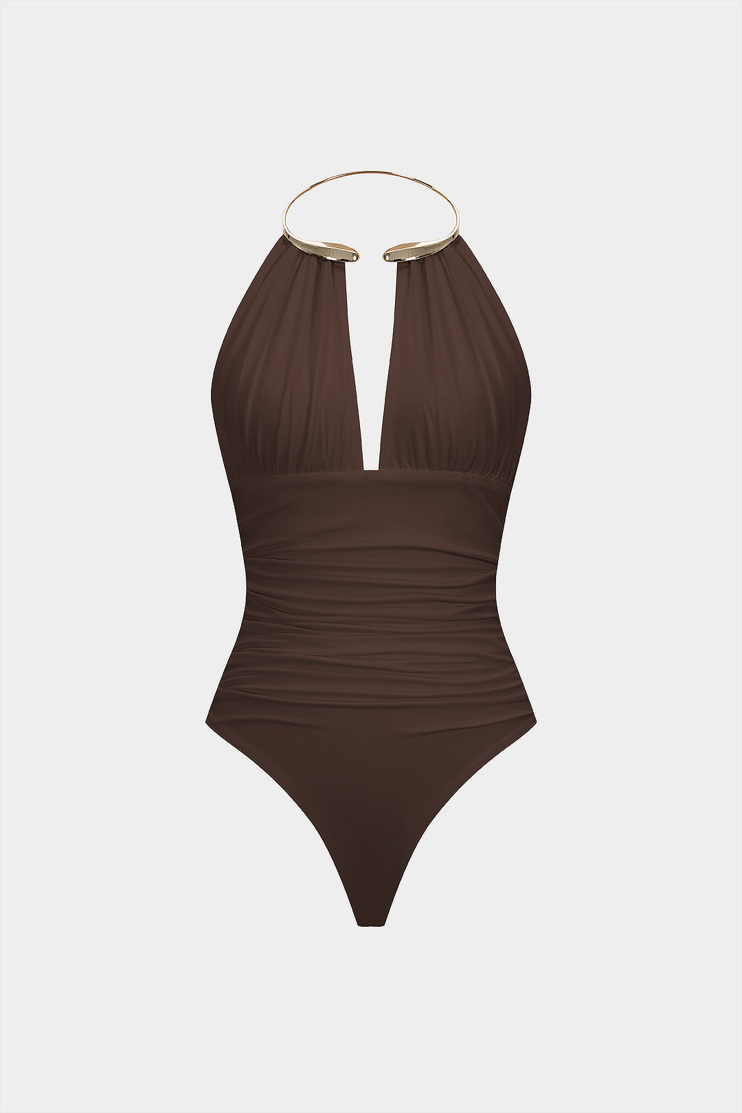 Metallic Decor Halter Neck Ruched Sleeveless Backless Bodysuit