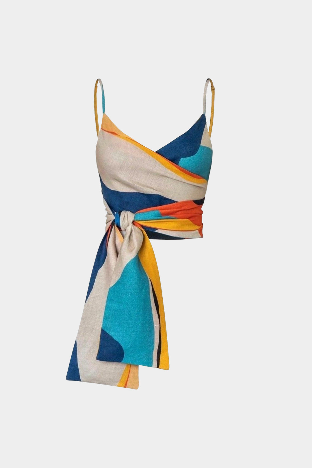 Geometric Print Linen Knotted Ruched Cami Top
