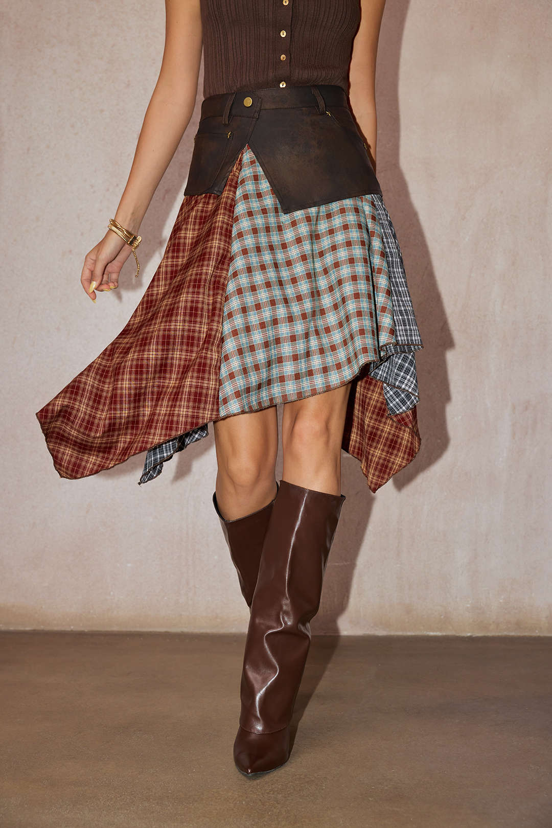 Plaid Contrast Print Faux Leather Patchwork Irregular Hem Skirt