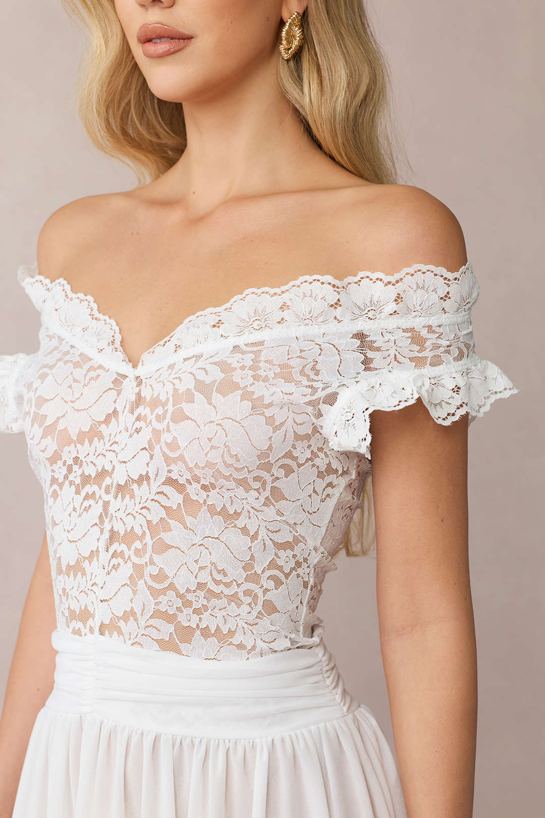 Sheer Lace Patchwork Off-Shoulder Ruched Sleeveless Midi Dress
