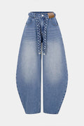 Denim Belted Pocket Wide Leg Jeans