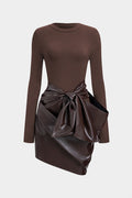 Faux Leather Patchwork Round Neck Tie Up Long Sleeve Midi Dress