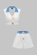 Patchwork Metallic Decor V-Neck Tank Top And Shorts Set