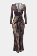 Snake Skin Print Mesh Ruched Fringe Trim V-Neck Long Sleeve Maxi Dress