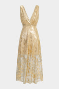 Metallic Print Deep V-Neck Slip Long Sleeve Maxi Dress