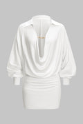 Ruched Draped Cowl V-Neck Long Sleeve Mini Dress