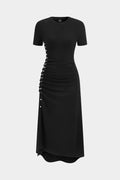 Round Neck Button Ruched Short Sleeve Maxi Dress