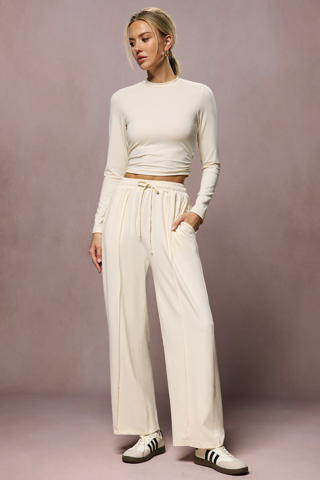 Ruched Long-Sleeve Top And Tie-Up High Waist Wide Leg Trousers Set