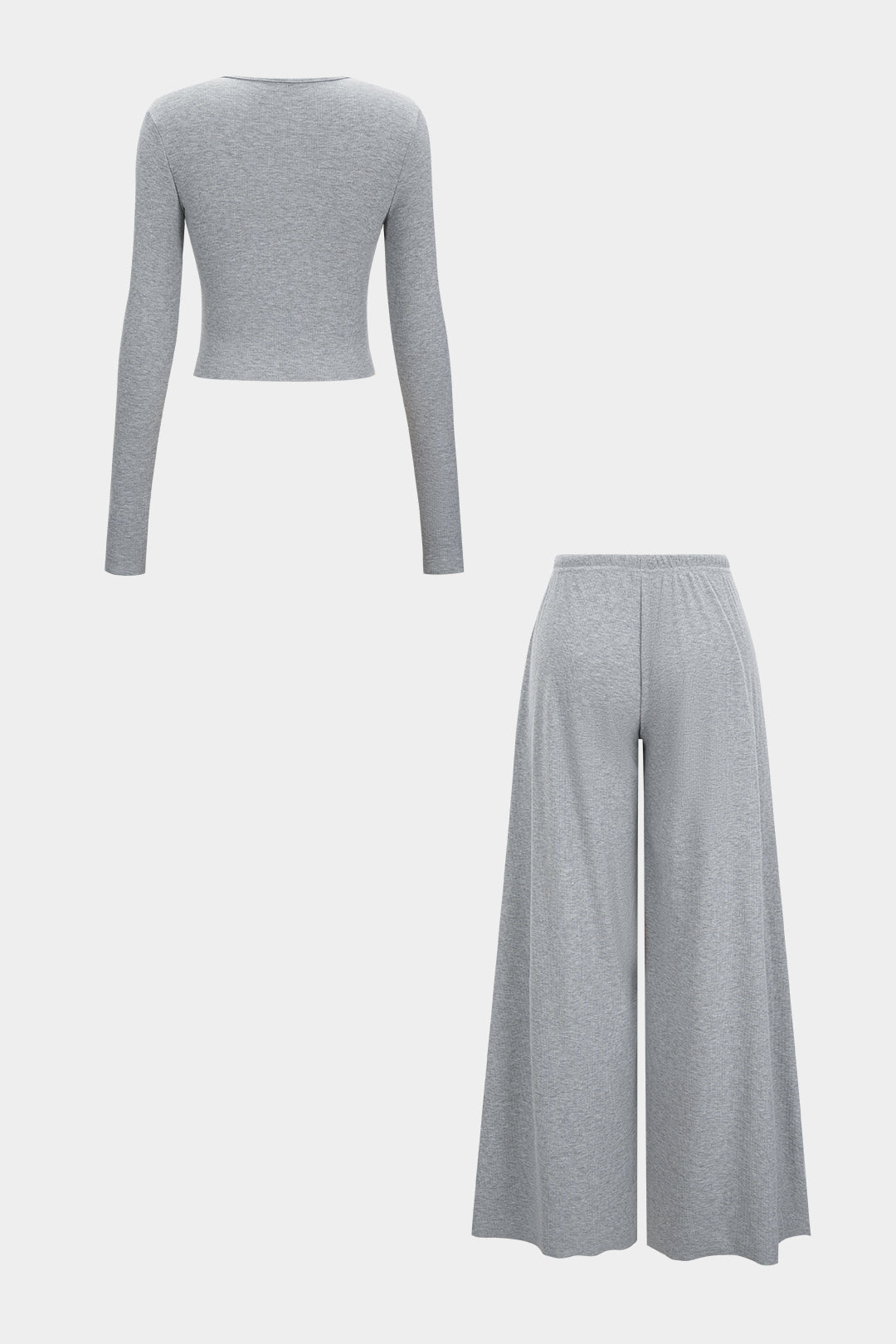 Solid Button Long-Sleeve Top And Drawstring Wide-Leg Pants Set