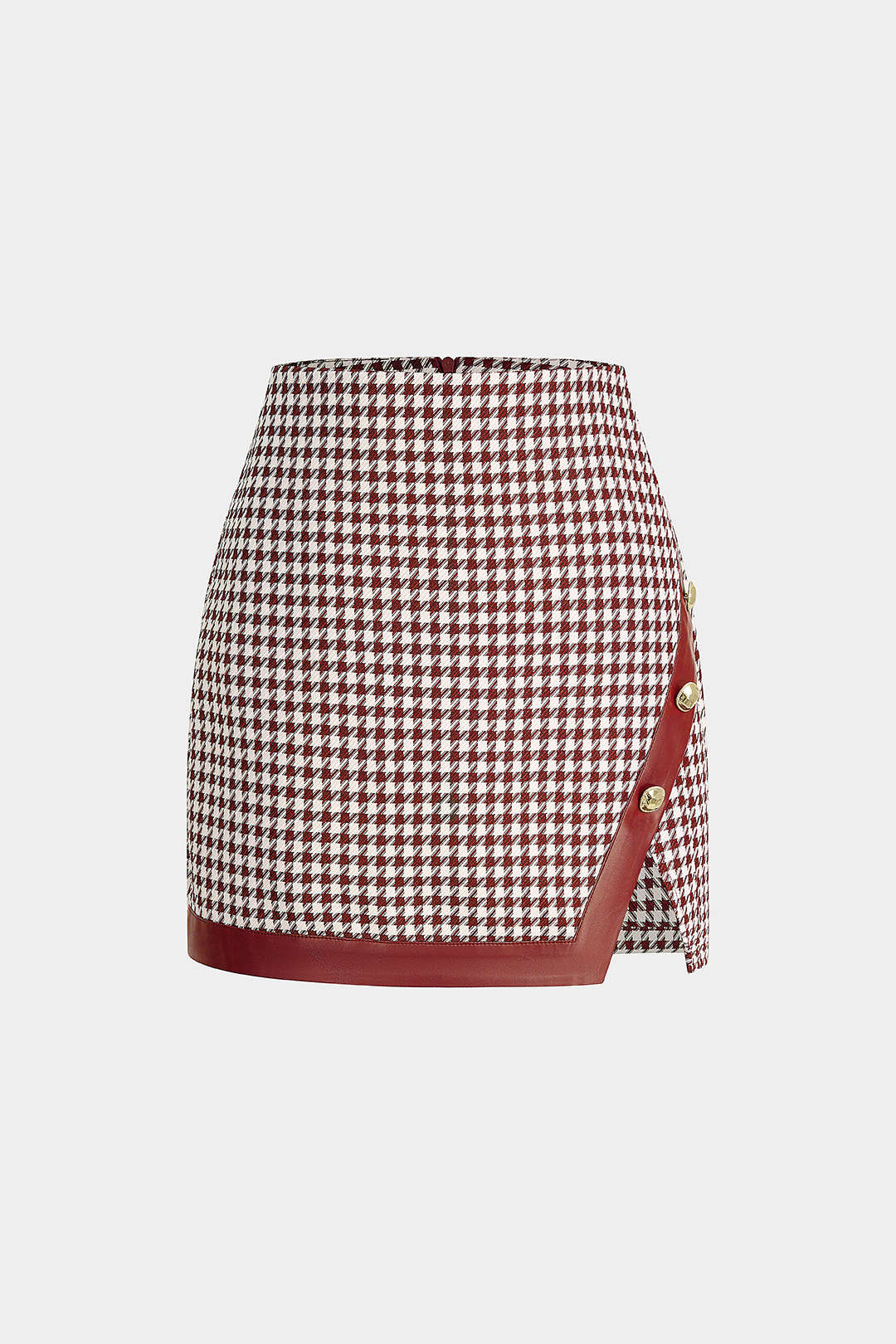 Houndstooth Print Faux Leather Patchwork Asymmetrical Side Split Skirt