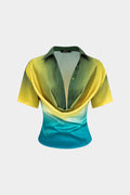Ombre Print Satin Cowl Neck Short-Sleeve Shirt