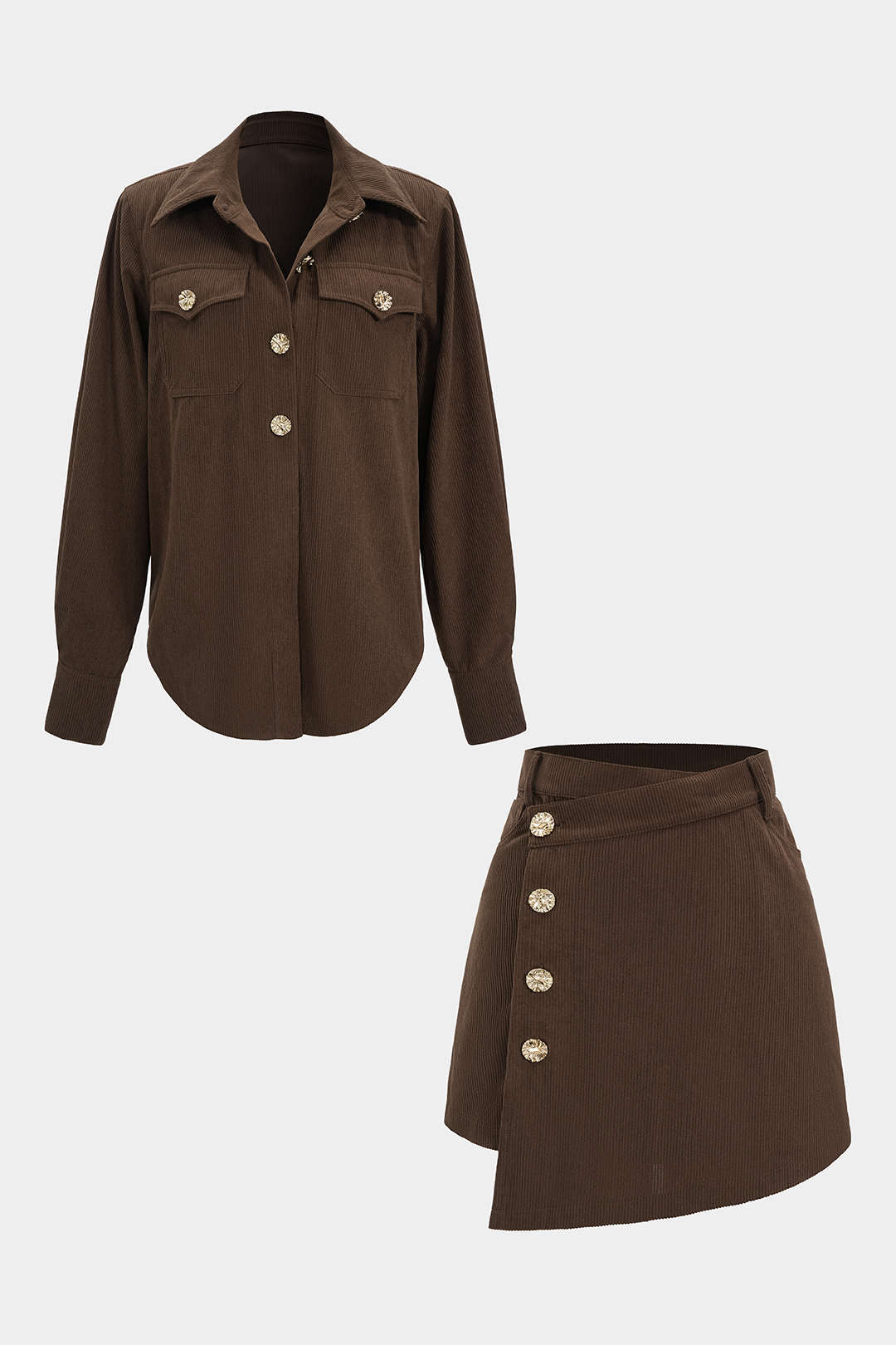 Corduroy Button Long-Sleeve Shirt And Button Skirt Set