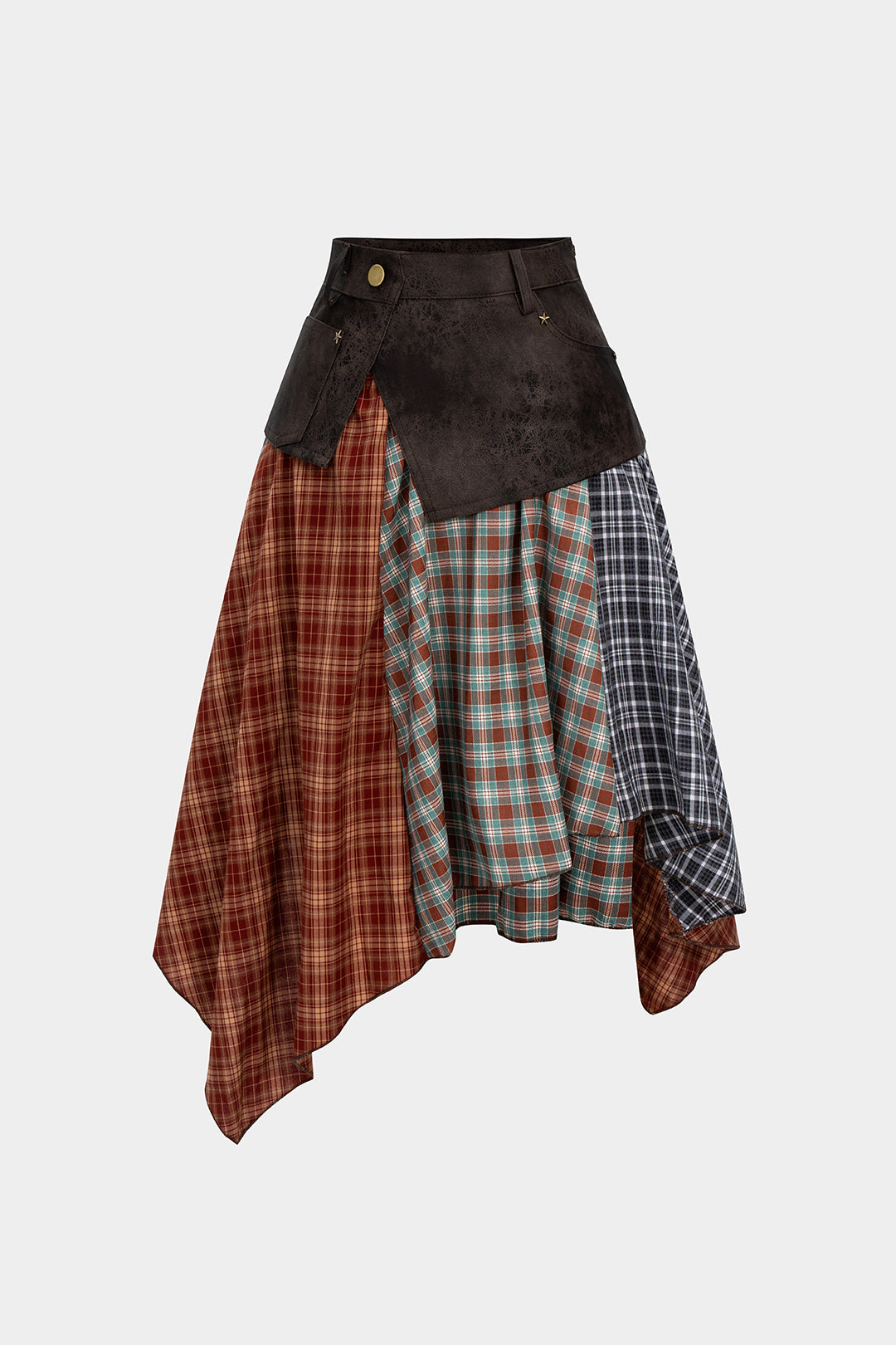 Plaid Contrast Print Faux Leather Patchwork Irregular Hem Skirt