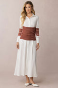 Patchwork Mesh Ruched Lapel Long Sleeve Midi Dress