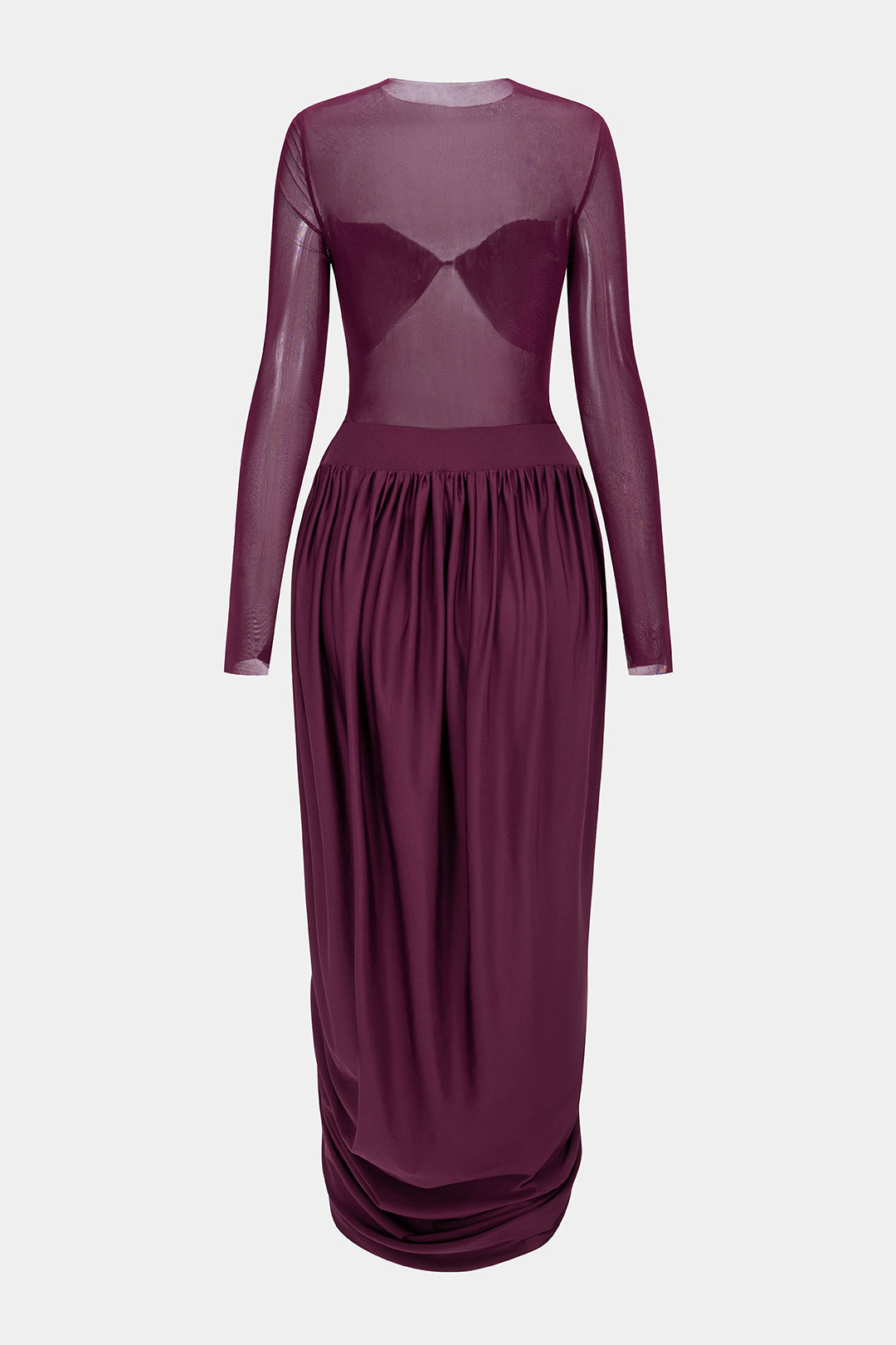 Mesh Patchwork Round Neck Ruched Long Sleeve Midi Dress