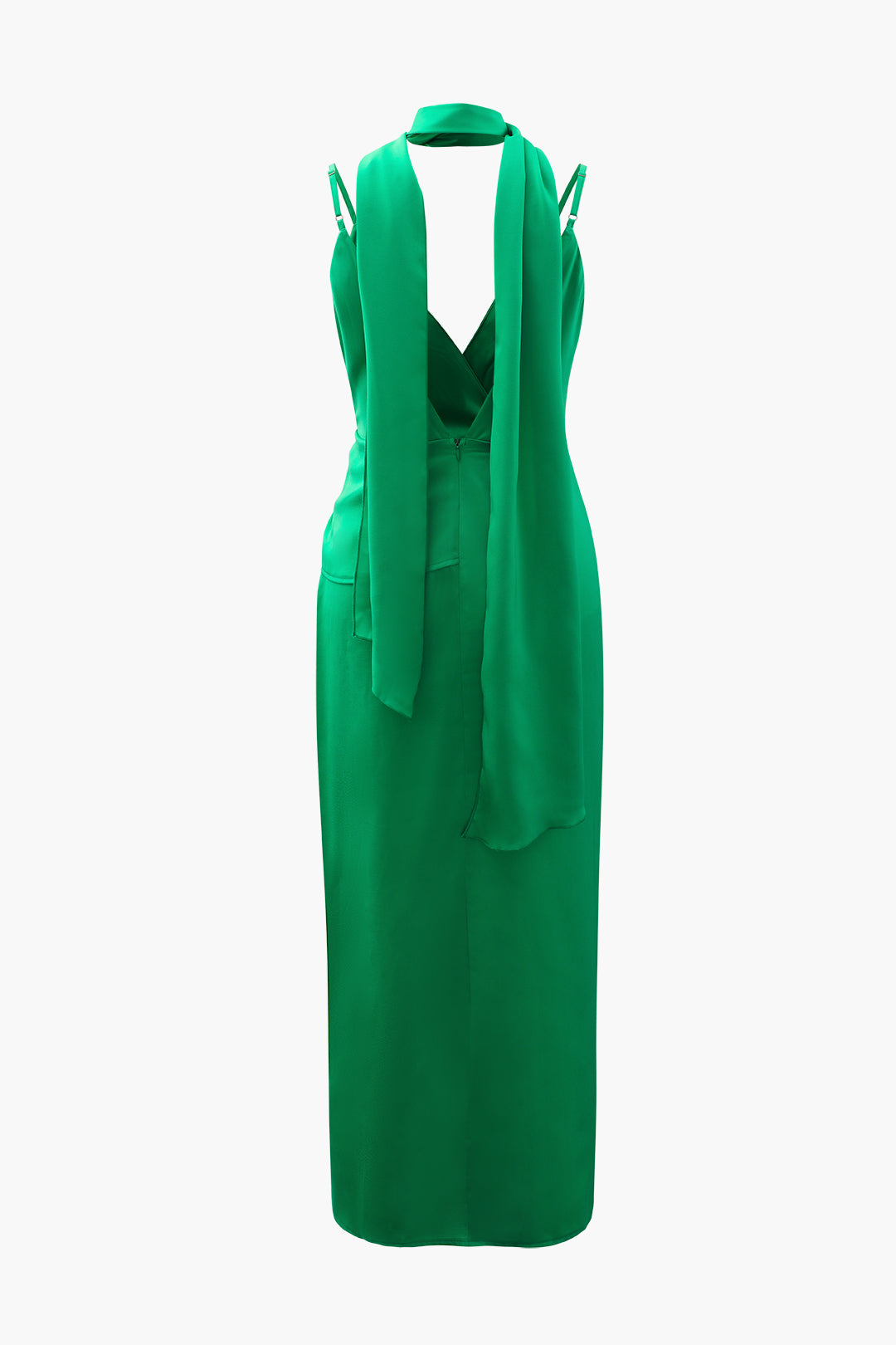 V-neck Satin Pleated Ruched Dress With Neck Scarf