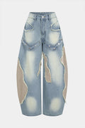 Denim Patchwork Frayed Rivets Straight-Leg Jeans