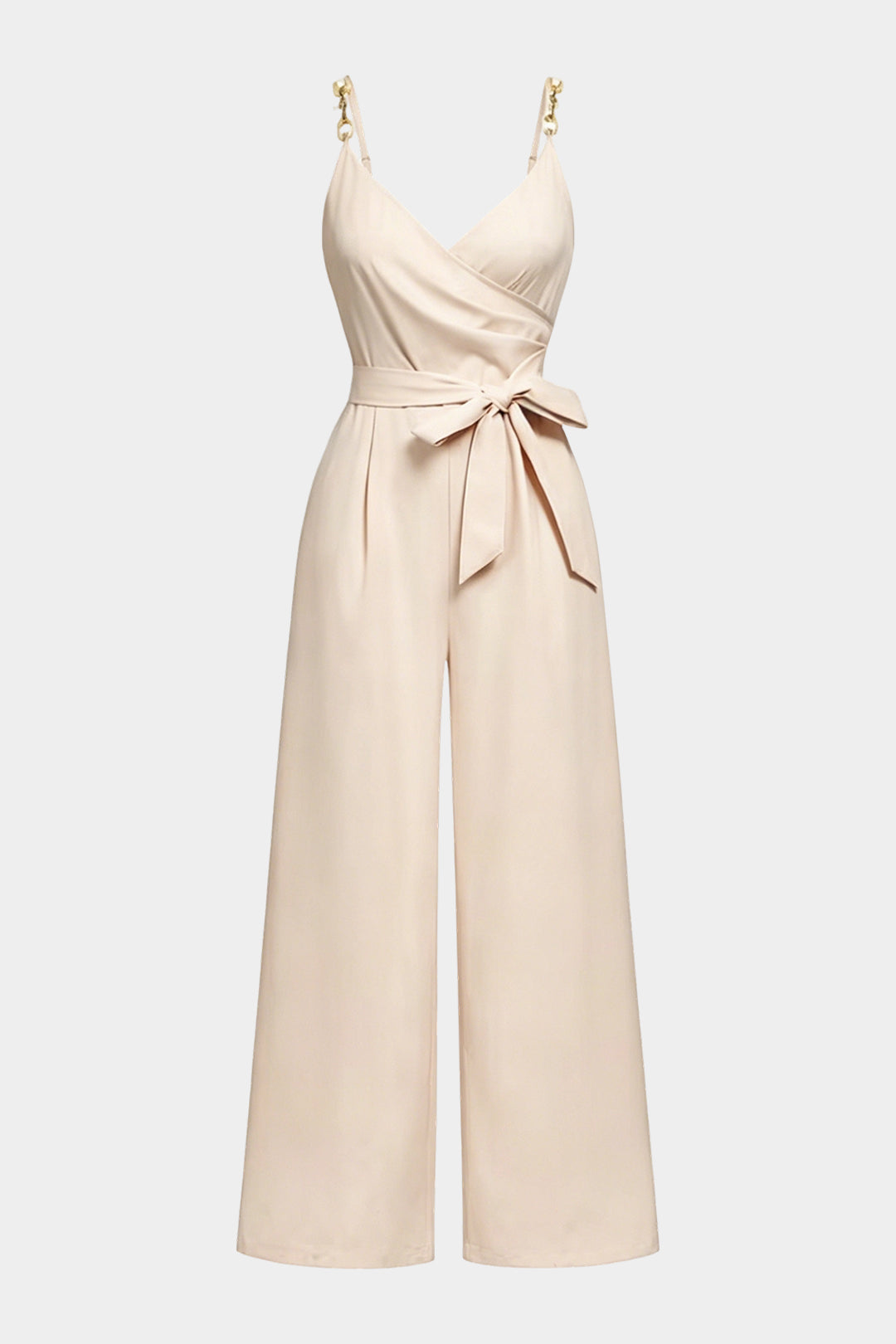 Crossed V-Neck Tie Front Metallic Chain Sleeveless Jumpsuit