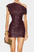 Faux Leather Ruched Boat Neck Asymmetrical Sleeveless Mini Dress