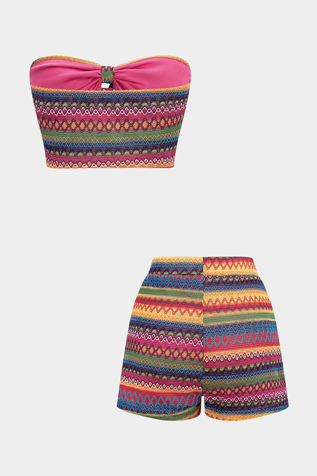 Multicolor Striped Tie Front Cropped Tube Top And High Waist Shorts Set