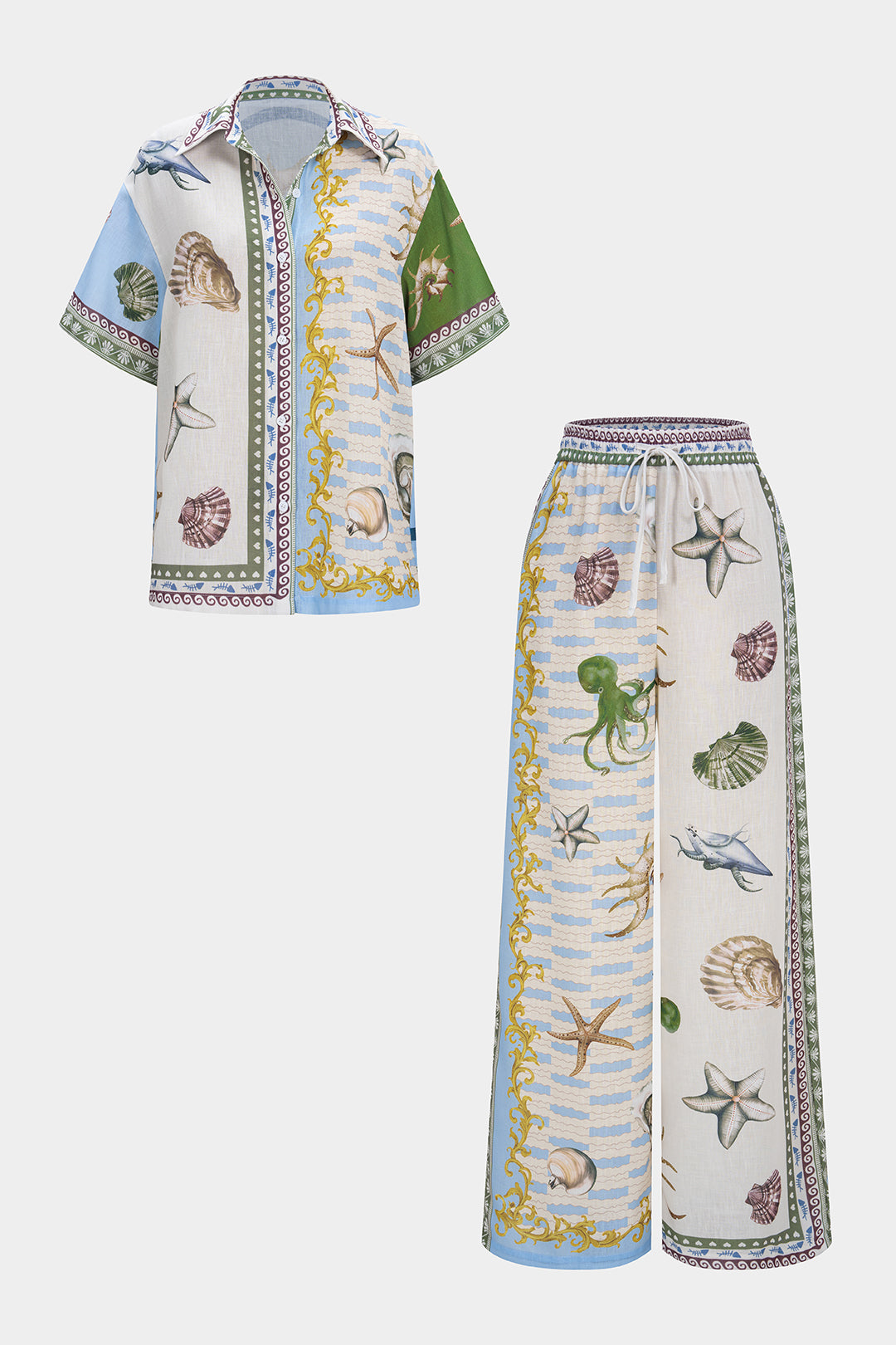 Ocean Print Satin Button Short Sleeve Shirt And Shirred Waistband Wide Leg Pants Set