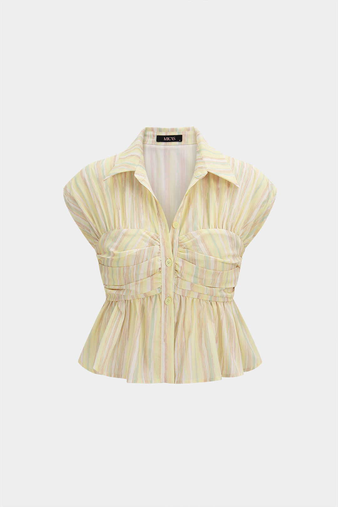 Stripes Print Lapel Button Ruched Tank Top