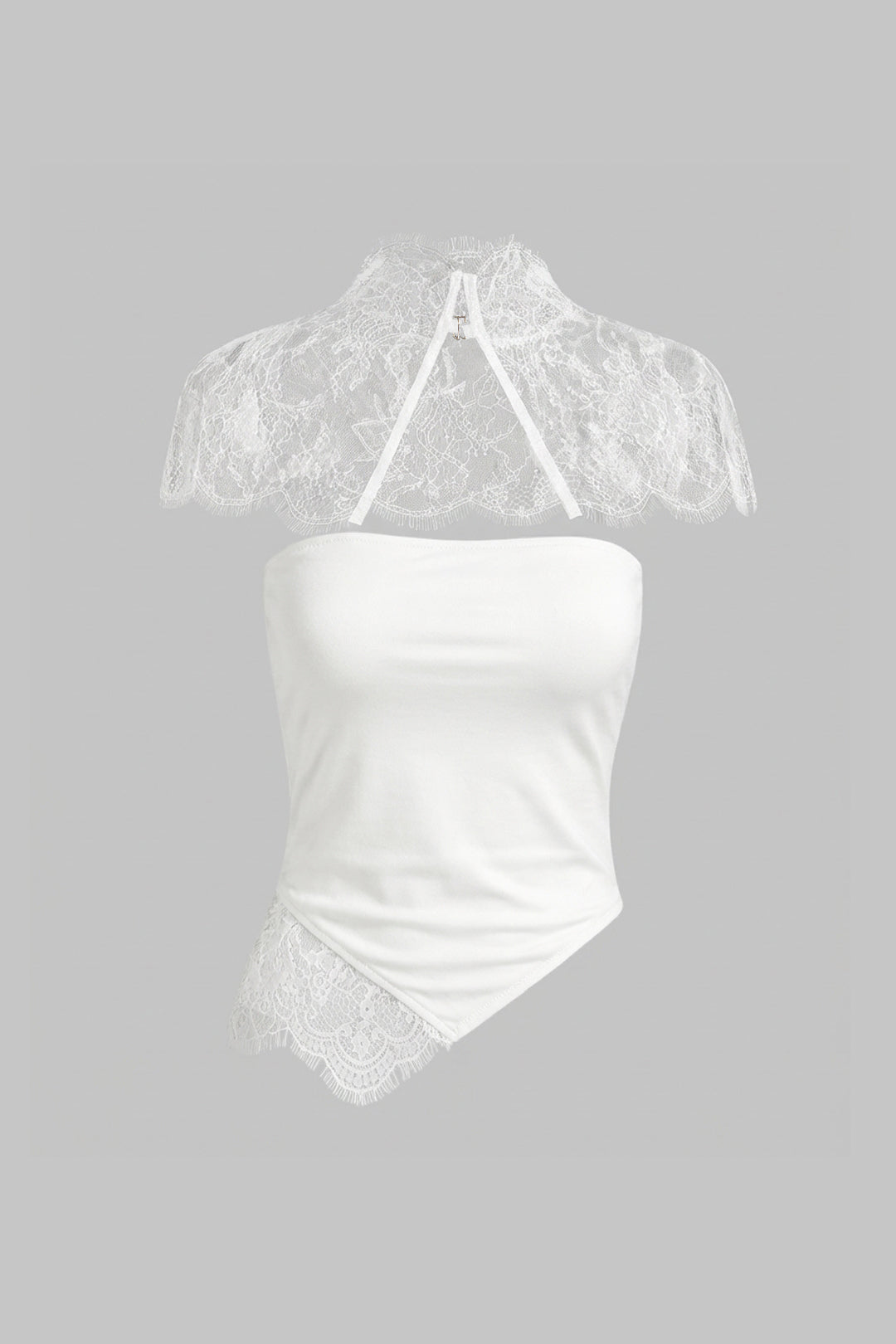 Lace Trim Patchwork Asymmetrical Tube Top With Sheer Shawl