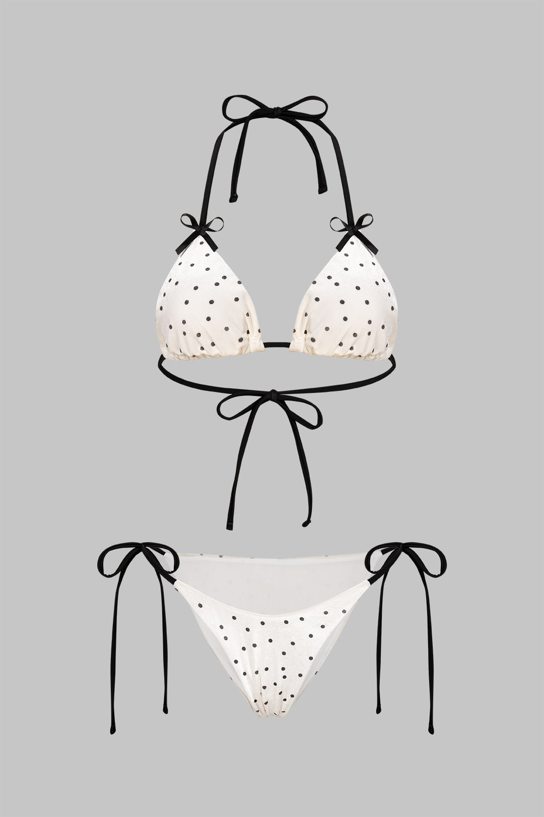Polka Dots Print Velvet Bow Tie-Up Bikini Set
