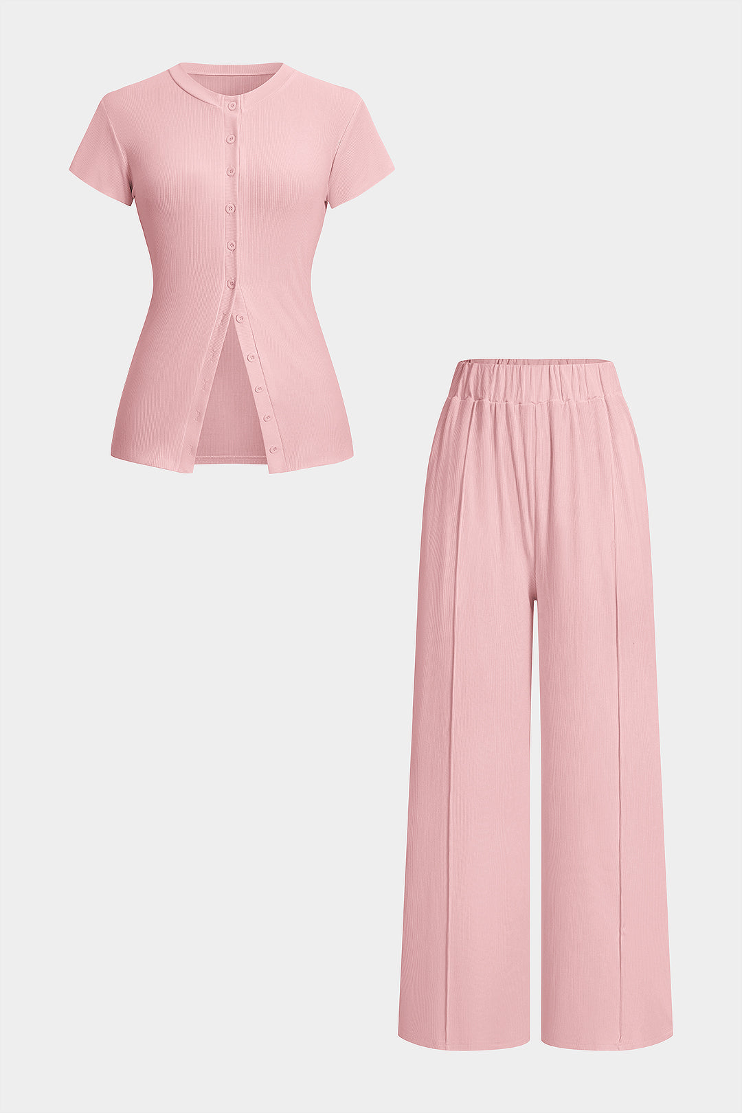Solid Round Neck Button Short Sleeve Top And High Waist Pants Set