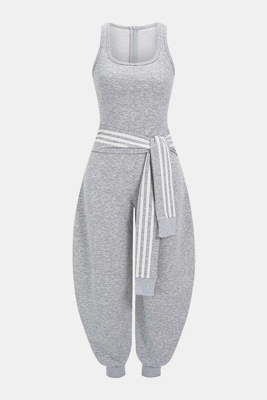 U-Neck Contrast Striped Tie-Up Zipper Barrel Jumpsuit