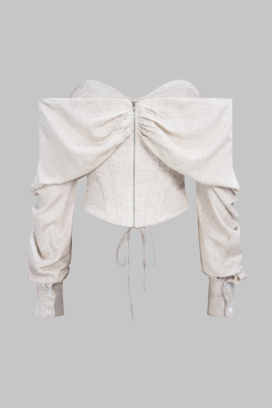 Linen Off-Shoulder Tie Front Corset Runched Long-Sleeve Shirt