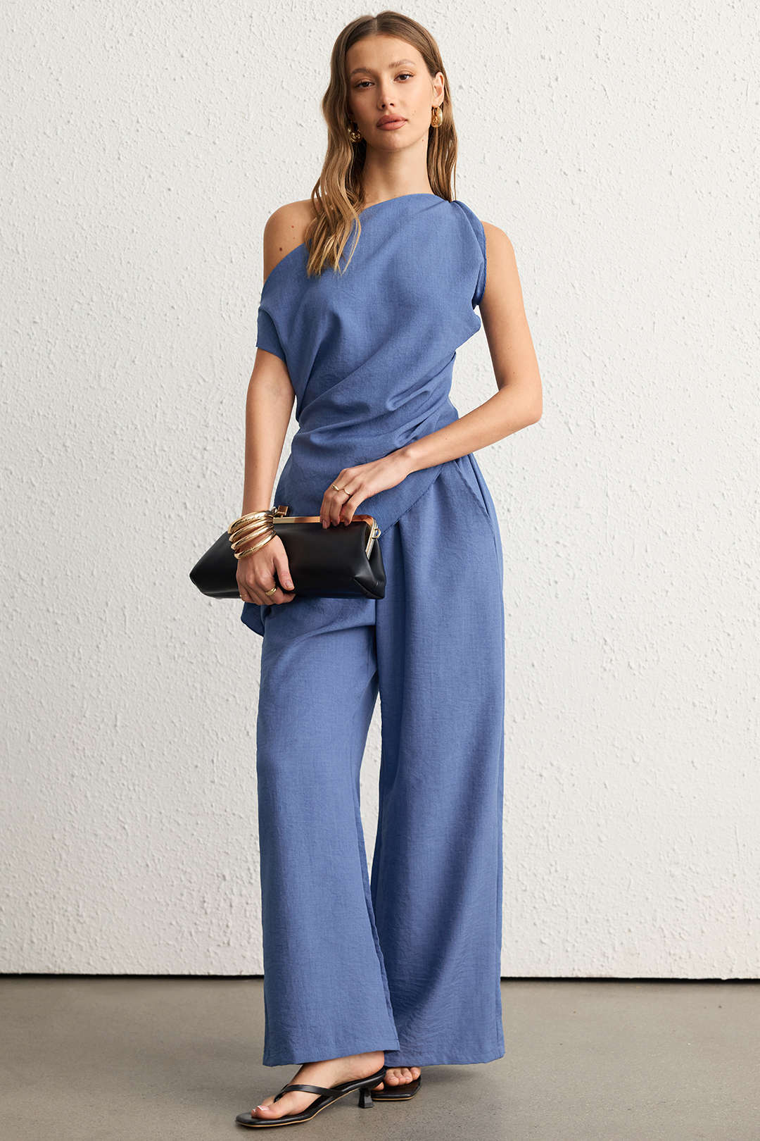 Solid One Shoulder Ruched Asymmetrical Tank Top And Wide Leg Pants Set
