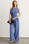 Solid One Shoulder Ruched Asymmetrical Tank Top And Wide Leg Pants Set