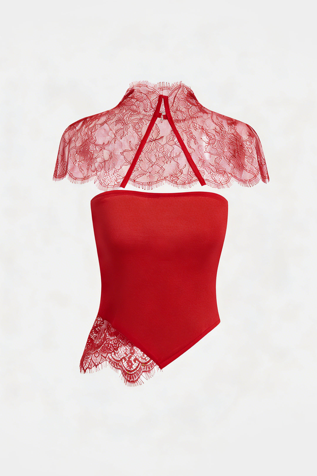 Lace Trim Patchwork Asymmetrical Tube Top With Sheer Shawl