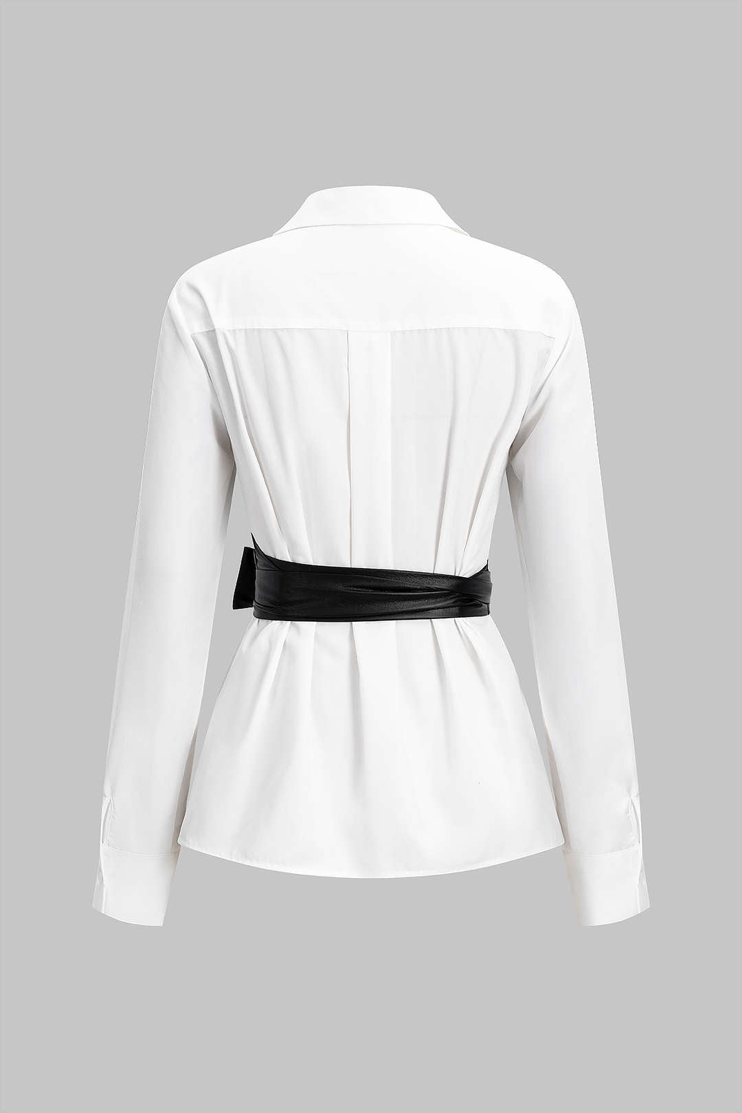 Faux Leather Patchwork Tie-Back Long-Sleeve Shirt