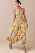 Retro Print V-Neck Tie back Sleeveless Midi Dress