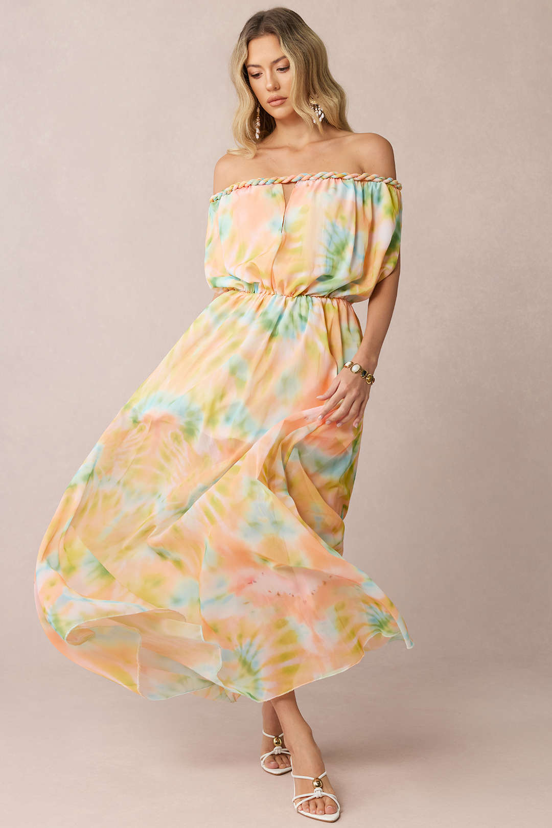 Tie Dye Print Chiffon Off Shoulder Twist Knot Ruched Sleeveless Maxi Dress