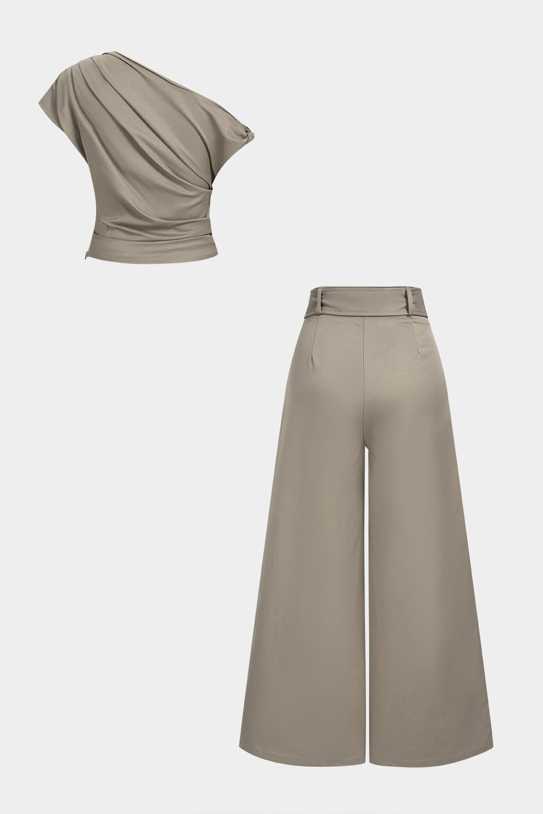 One Shoulder Ruched Twist Knot Tank Top And Belted Wide Leg Pants Set