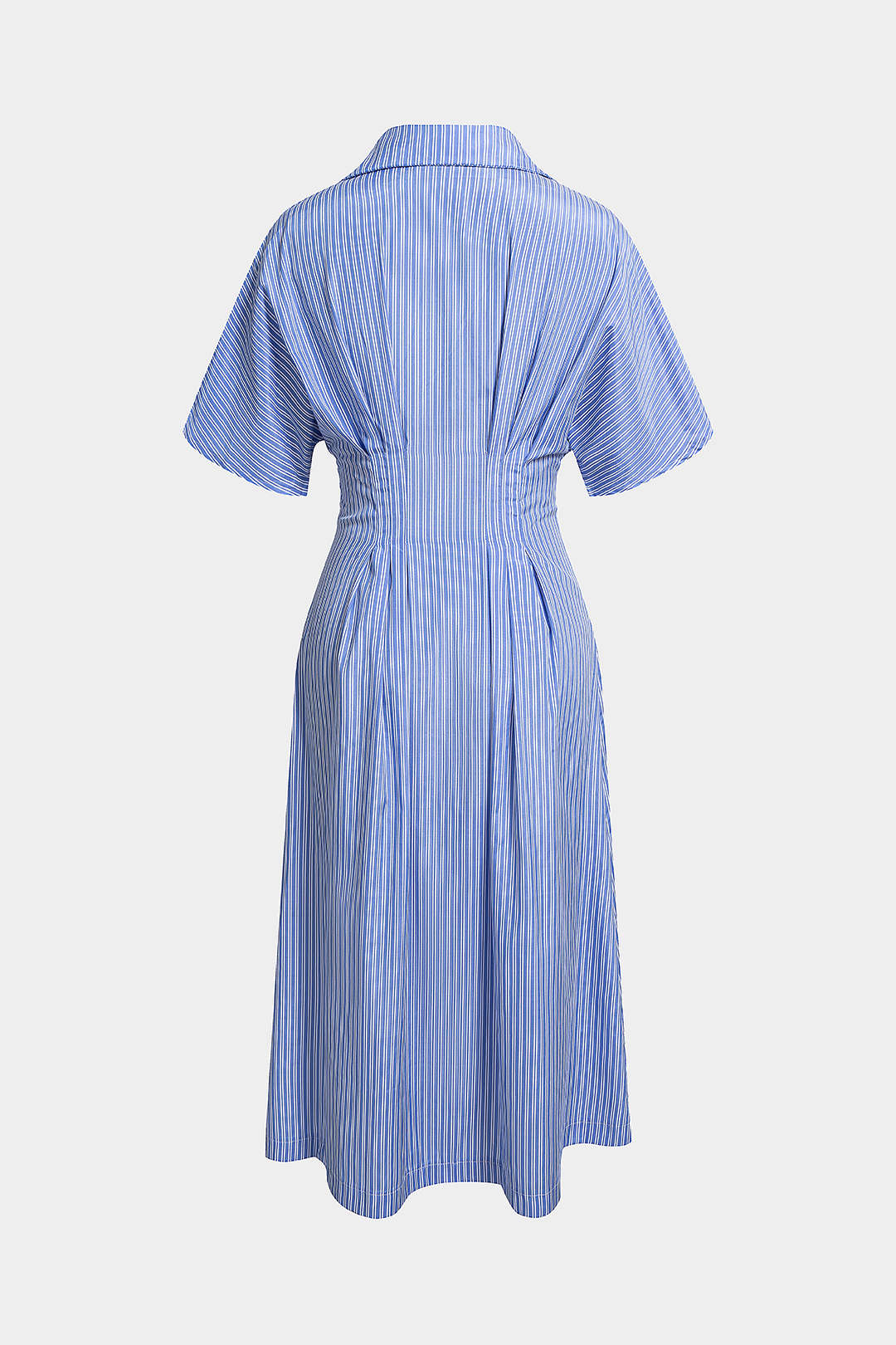 Stripes Print Lapel Button Pleated Short Sleeve Maxi Dress