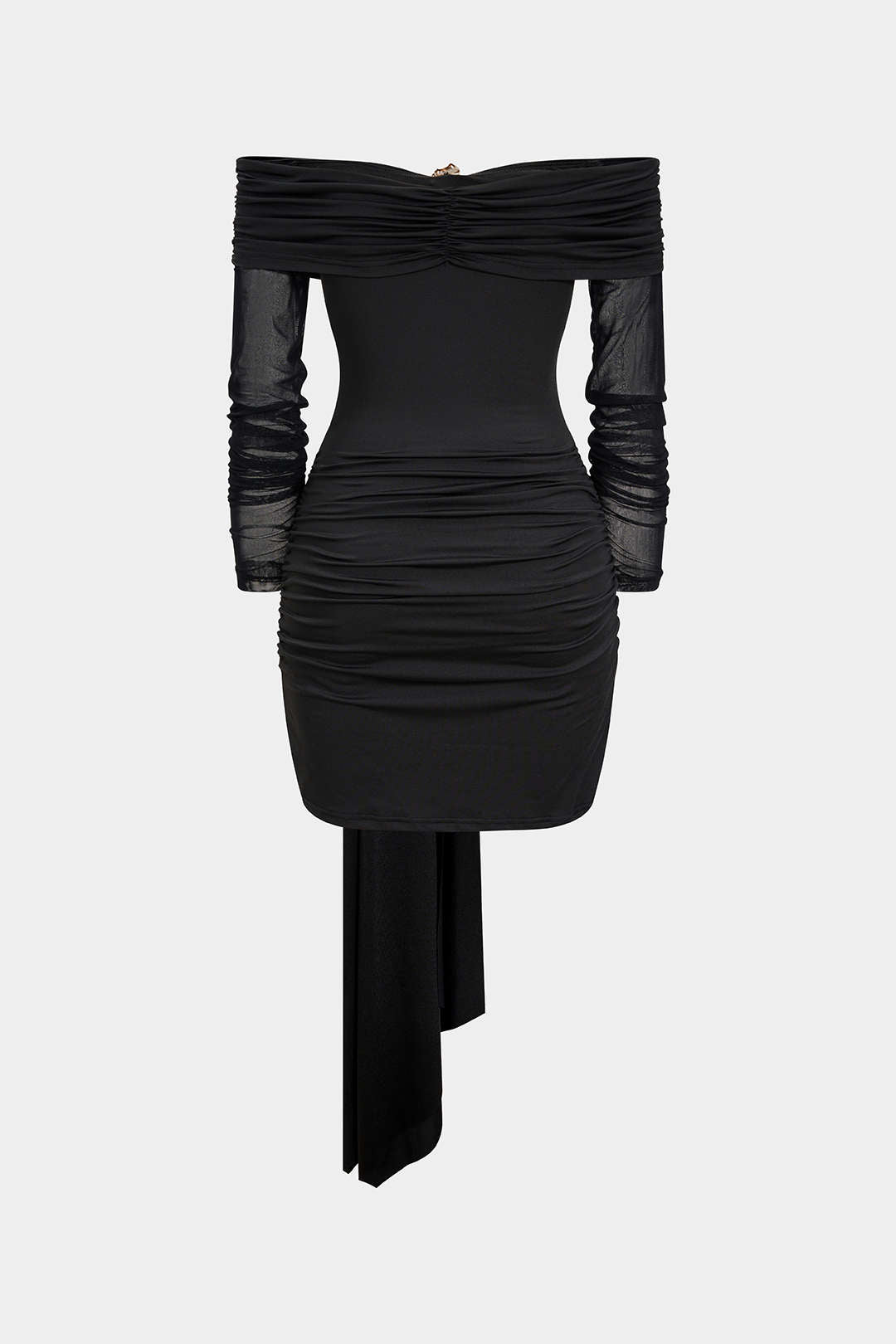 Off Shoulder Sheer Metallic Decor Ruched Long Sleeve Mini Dress