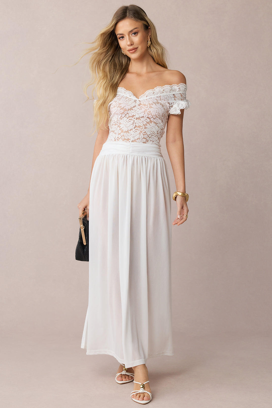 Sheer Lace Patchwork Off-Shoulder Ruched Sleeveless Midi Dress