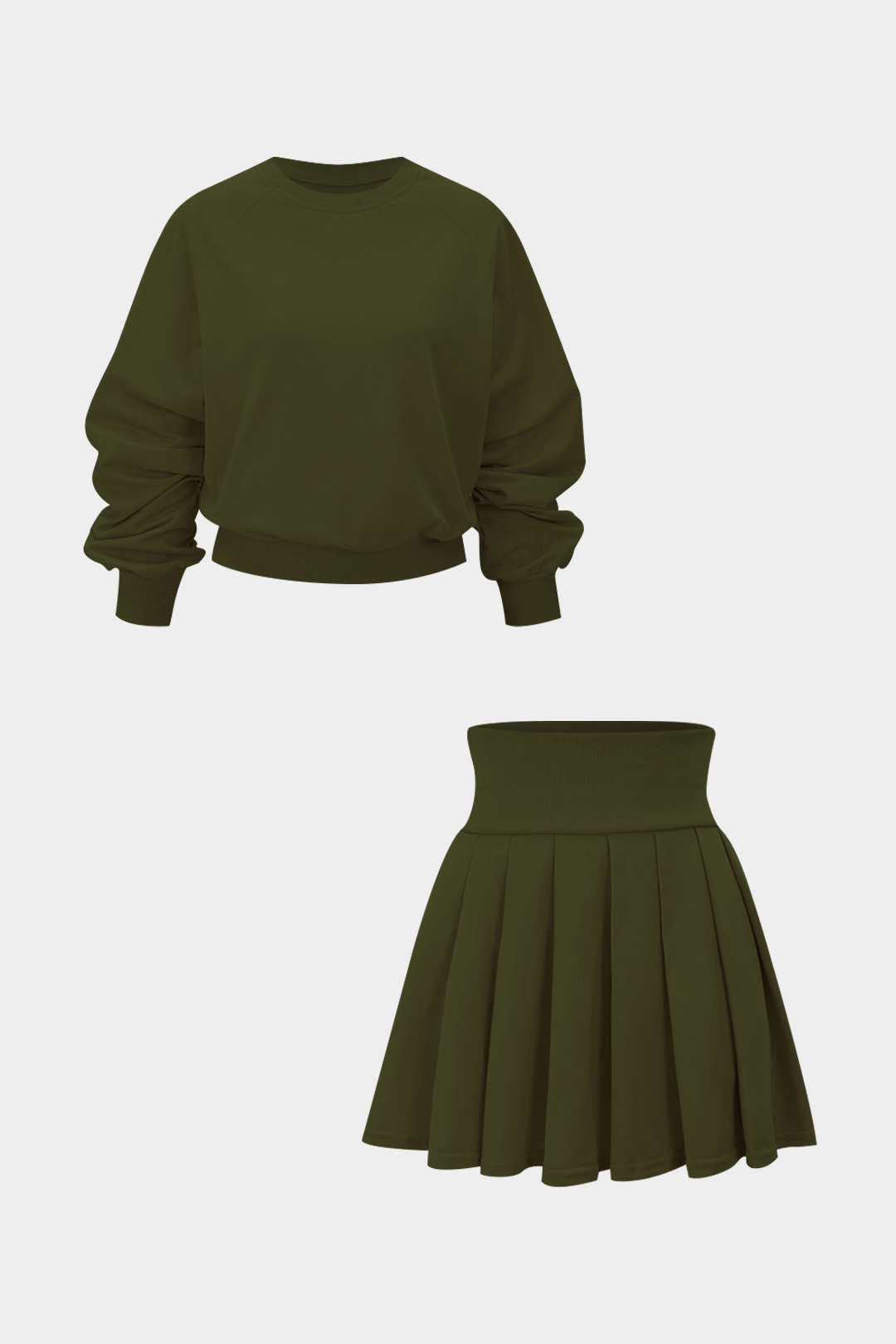 Solid Long-Sleeve Top And Pleated Skirt Set