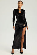 Velvet Metallic Decor Cut Out Side Slit Long Sleeve Maxi Dress
