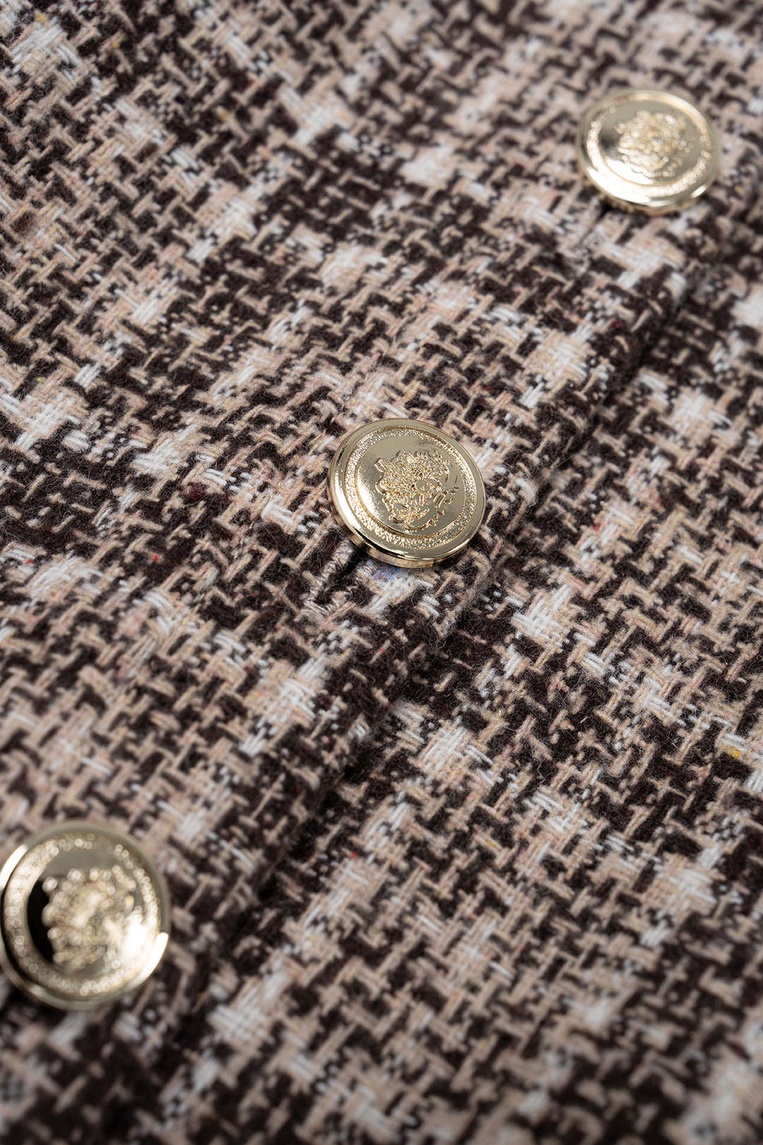 Tweed Plaid Print Patchwork Button Long-Sleeve Top