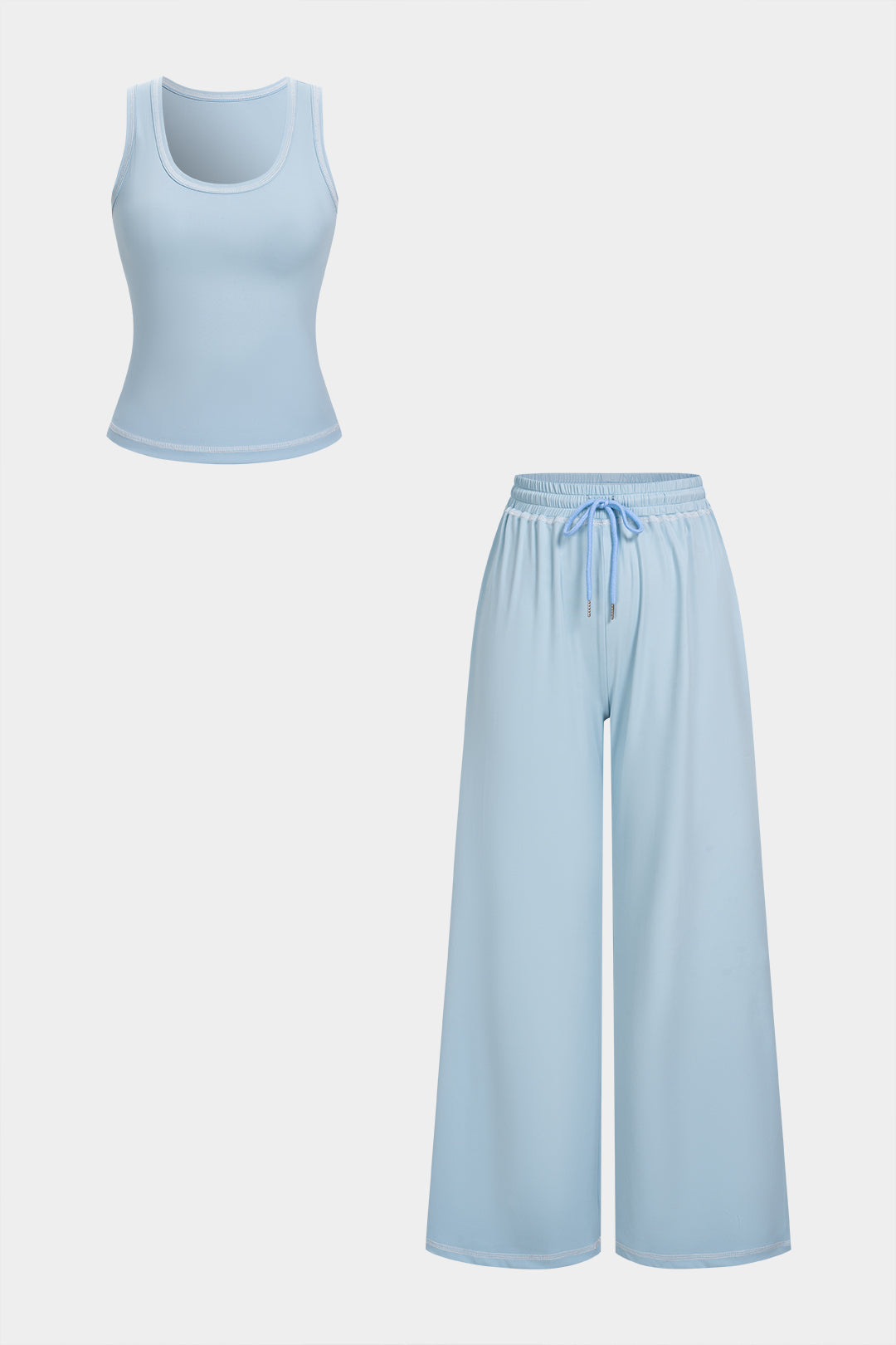 Solid U-Neck Tank Top And Wide Leg Pants Set