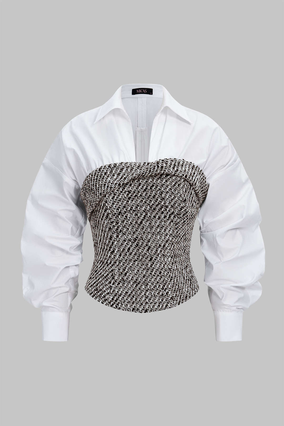 Tweed Patchwork Asymmetrical Gigot Long-Sleeve Shirt