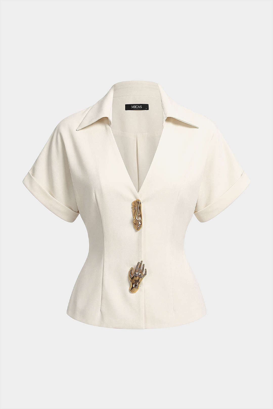 Lapel V-Neck Metallic Short-Sleeve Shirt