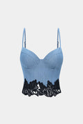 Denim Lace Trim Zipper Cami Top
