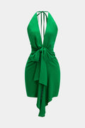 Linen Tie Front V-Neck Halter Neck Ruched Backless Sleeveless Mini Dress